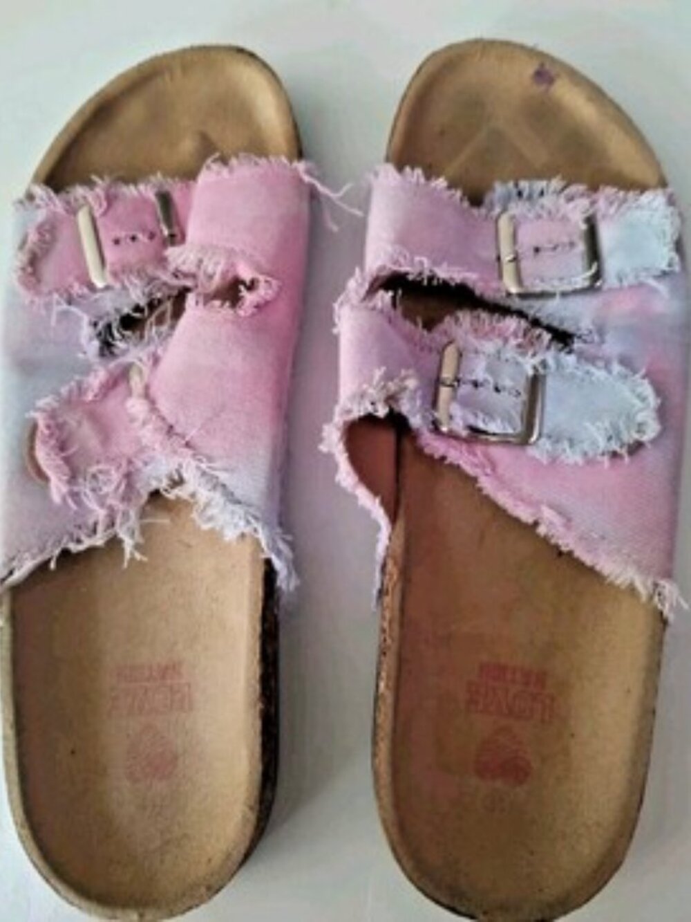 LOVE NATION Distressed Pink & Blue Denim Slides Size 11